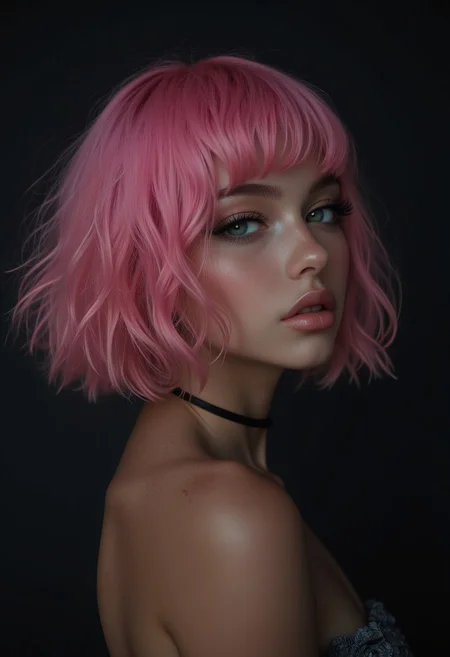 a cute woman, pink hair bob, (hi-top fade), (dark theme:0.9), soothing tones, muted colors, high contrast, (natural skin texture, hyperrealism, soft light, sharp)