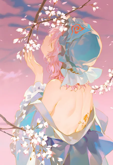 1girl, pink hair, saigyouji yuyuko, solo, hat, blue kimono, blue headwear, mob cap, japanese clothes, kimono, triangular headpiece, off shoulder, long sleeves, bare shoulders, wide sleeves, closed eyes, cherry blossoms, branch, tattoo, upper body, pink background, flower, frills, hand up, looking up, short hair, back, bare back, medium hair, facing up <lora:reiXL_NB11_lokr_V6311P:0.95>