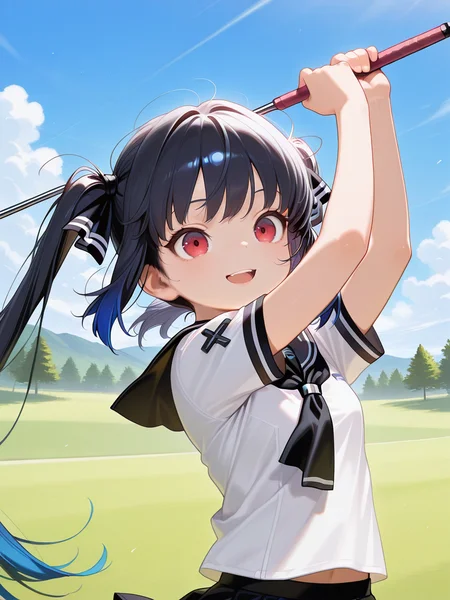 <lora:IL_kooh:0.8>,pgy_ko,kooh/(pangya/),red eyes,gradient hair,blue hair,two side up,serafuku,upper body,<lora:IL_golf:1>,1girl,solo,gf_pl,standing,swinging,golf club,holding golf club,golf course,disheveled hair,floating hair,open smile,, masterpiece,best quality,amazing quality,very aesthetic,absurdres,