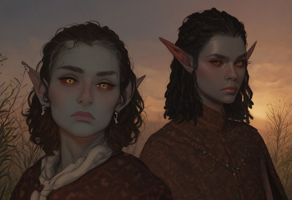 solo, short pointy ears, full body, piercings, random elf face, aquiline features, male dark elf, masculine, facial hair, brow rings, beaded piercings, weathered skin, blue-grey skin, chiseled features, large nose, insect chitin armor, insect chitin helmet, insect chitin ornaments, stylized insect pattern, athletic build,  animated realism, zoomed out, Syrian features, torso, yurts, tents, native camp, elegant berber tapestries, dead desert trees, ash dunes, distant volcano, ashy soil, grey green foliage, distant grey hills, sunrise, gloomy lighting, grey fabric awnings, dark wood posts, light dust clouds, grey-blue skin, grey skin, mahogany and ivory clothes, medium armor, bone plate armor, ivory straps and fittings, alien bone ornaments, grey wood neckguard, red sclera, black pupils, blue-green light, neon, highly detailed, defined features, looking at viewer, three quarters view, from side, dynamic lighting, 29 years old, light and shadows, patterned cloth, annoyed expression, expressive eyes, detailed medieval clothes, short hair, wavy hair, thick hair, beaded hair, braided hair, under cut hair, semirealistic, alien elf, spanish features, jewish features, black hair, dark red hair, umber skin, sharp features, pastel green inuit print cloak, nighttime, high detail, absurdres, pretty eyes, detailed eyes, yellow eyes,