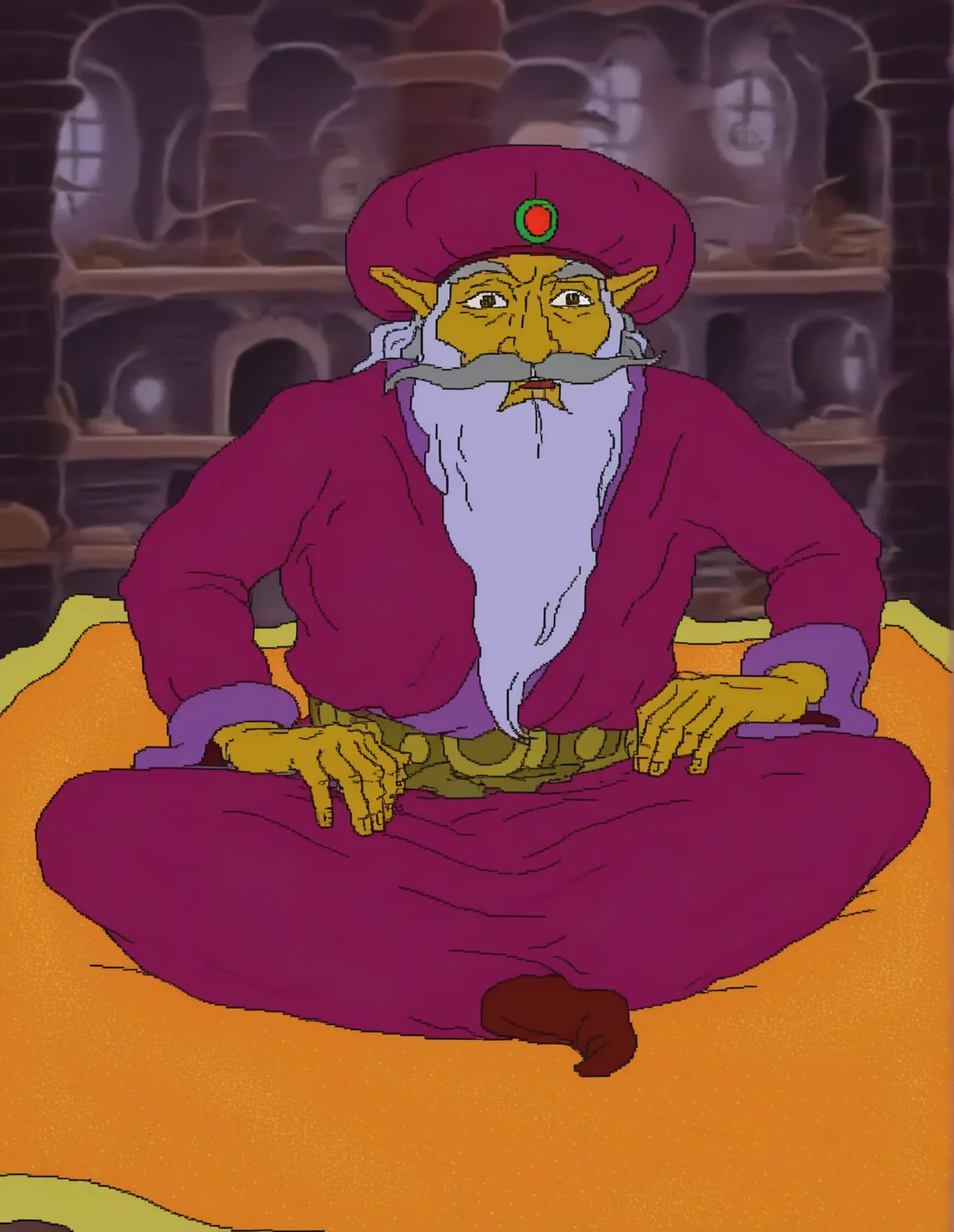 <lora:cdi-style_vpred-noobaiv10_:1>, cdi style, indoors, 2D, flat shading, flat color, jaggy lines, 1boy, male focus, solo, facial hair, beard, sitting, mustache, pointy ears, turban, old man, indian style, belt, grey hair, sash, indoors, long sleeves, old, gwonam, magic carpet, purple robe, purple headwear, looking at viewer, (anticipation:1.1)âââ