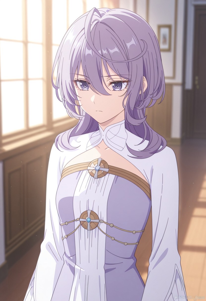 philia adenauer, purple hair, ahoge, long hair, blunt bangs, hair over shoulder, hair between eyes, purple eyes, small breasts, closed mouth, serious face, dress, two-tone dress, purple dress, white dress, sidelocks, long sleeves, white shoes, depth of field, soft lighting, dynamic light, masterpiece, best quality, amazing quality, newest, absurdres, highres, high detailed
