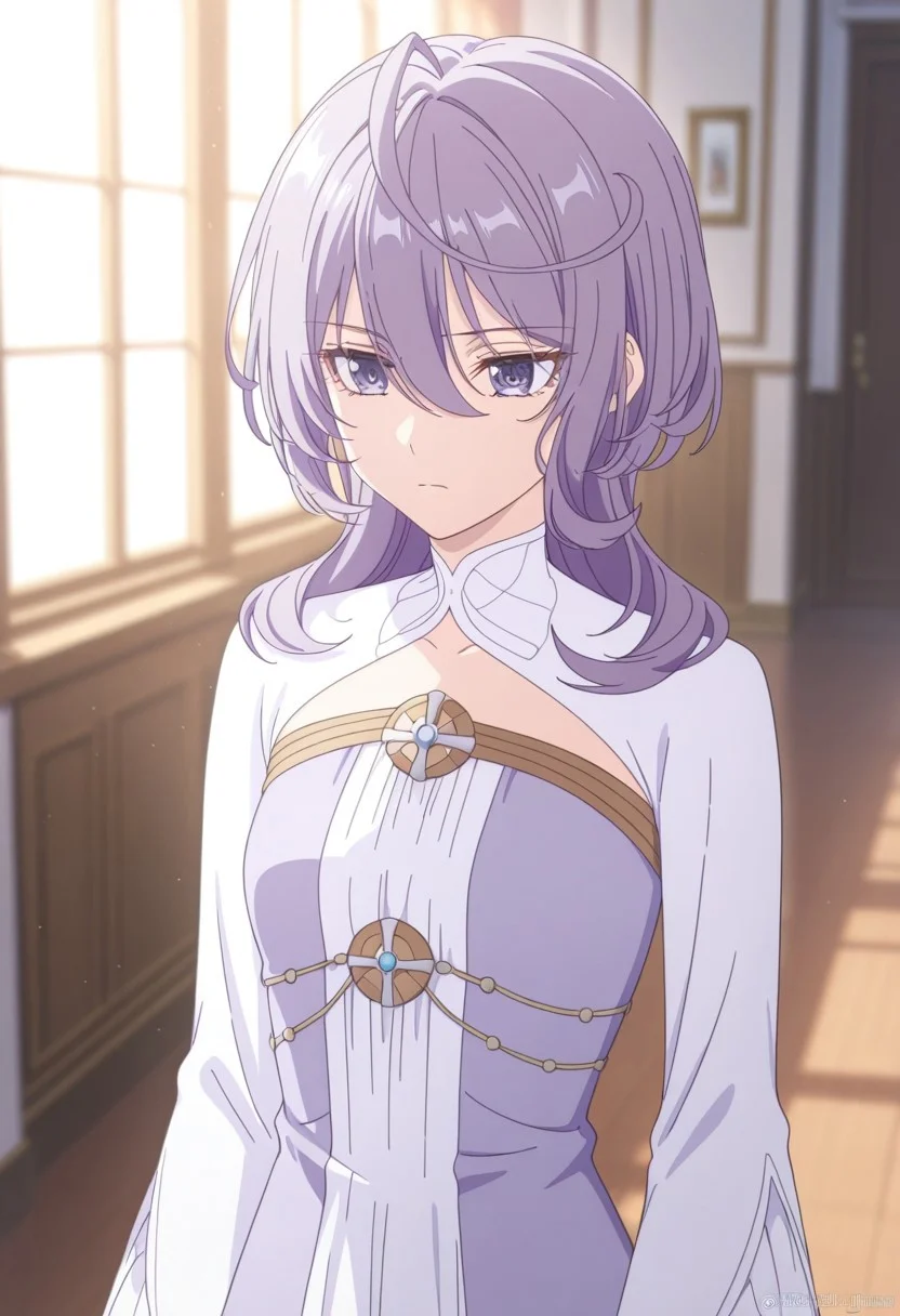 philia adenauer, purple hair, ahoge, long hair, blunt bangs, hair over shoulder, hair between eyes, purple eyes, small breasts, closed mouth, serious face, dress, two-tone dress, purple dress, white dress, sidelocks, long sleeves, white shoes, depth of field, soft lighting, dynamic light, masterpiece, best quality, amazing quality, newest, absurdres, highres, high detailed