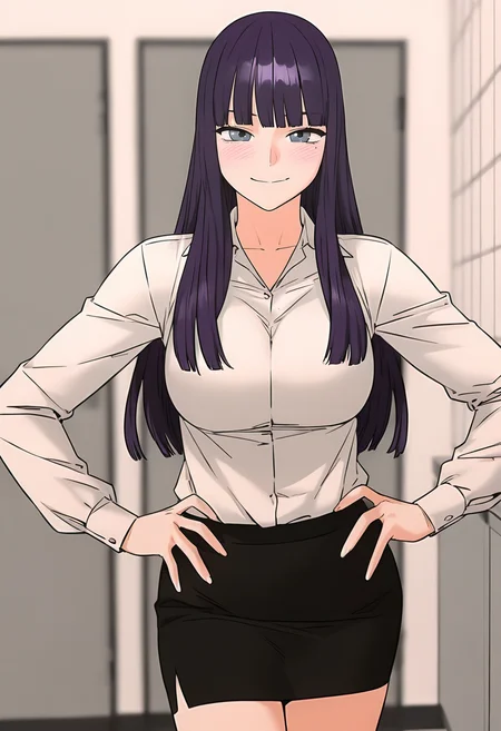 masterpiece, best quality, intricate details, anime screencap, official style, depth of field,
dark, night,
indoors, office,
blush,
looking at viewer, seductive smile,
BREAK.
standing, contrapposto, hands on own hips, cowboy shot, straight-on, facing viewer, portrait,
BREAK.
white shirt, collared shirt, long sleeves, black skirt, pencil skirt, office lady, BREAK.
sungyoona, 1girl, solo, blue eyes, mole under eye, purple hair, long hair, blunt bangs, large breasts, BREAK.
<lora:Mobydick(Webtoon)_All-In-One_ILXL_v1:1>
