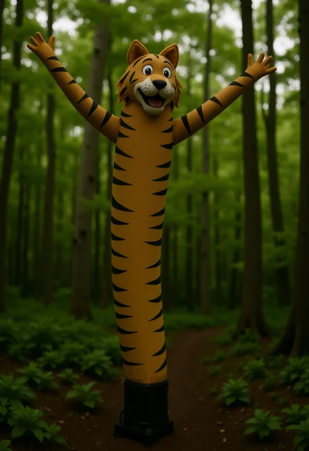 <lora:Wacky_Waving_Inflatable_Arm_Flux_Man-000009:1>
The image is a photograph of a very tall, inflatable tiger with wavy arms standing in a jungle setting.