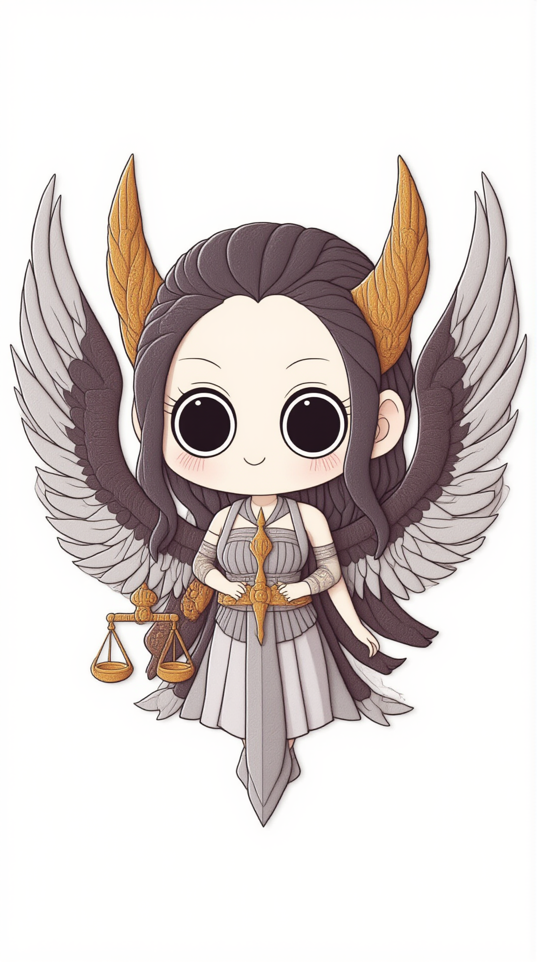 <lora:KawaiisStyle:1>kawaii style Nemesis, the goddess of vengeance. A stern figure with wings, holding a sword and scales. She embodies retribution, and her presence is surrounded by a sense of justice and balance.