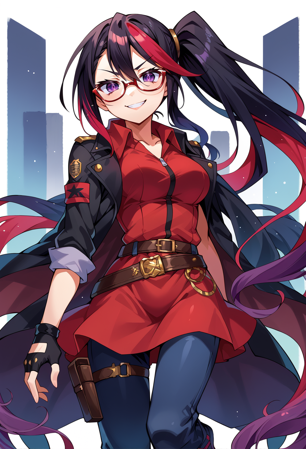 score_9, score_7_up, source_anime, BREAK <lora:kamiya_yuu-Style-PonyXL-GLoRA:0.75>, smug smile, 1girl, purple eyes, red-framed eyewear, black hair, red colored tips, red streaked hair, very long hair, side ponytail, tied hair, medium breasts, red colored tips, jacket on shoulders, red dress, sleeves rolled up, fingerless gloves, holster, belt, multiple belts, combat boots, pants under dress, black coat,