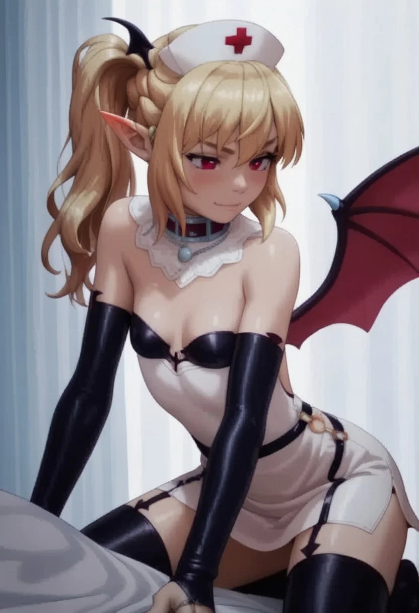 masterpiece,best quality, highly detailed, score_9, 4k, detailed, high resoltution, score_8_up, score_7_up, score_6_up,source_anime, BREAK, 1girl,  Tiffany Lilystella, blonde, one sided ponytail, red eyes, filled collar, demon girl, demon tail, pointy ears, thight straps, elbow gloves, ring on middle finger, wings, small breasts, thighthighs, nurse closplay, nurse dress, nurse cap,