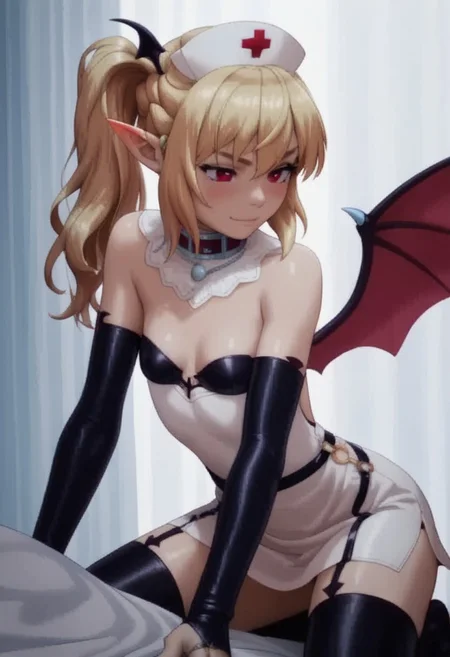 masterpiece,best quality, highly detailed, score_9, 4k, detailed, high resoltution, score_8_up, score_7_up, score_6_up,source_anime, BREAK, 1girl, Tiffany Lilystella, blonde, one sided ponytail, red eyes, filled collar, demon girl, demon tail, pointy ears, thight straps, elbow gloves, ring on middle finger, wings, small breasts, thighthighs, nurse closplay, nurse dress, nurse cap,