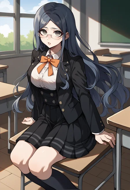 score_9, score_8_up, score_7_up, source_anime, 1girl, sitting, looking at viewer, parted lips, defTsu, long hair, grey eyes, glasses, black jacket, open jacket, long sleeves, white shirt, collared shirt, large breasts, orange bowtie, high-waist skirt, black skirt, black socks, kneehighs, loafers, indoors, classroom  <lora:TsumugiDR-pdxl:1>