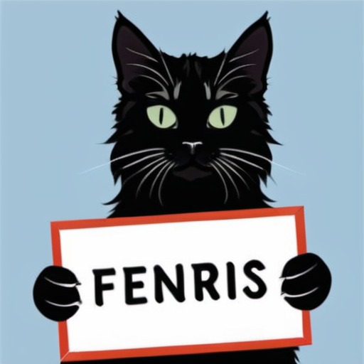 a cat is holding a sign "fenris"