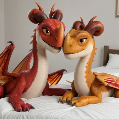 score_9, score_8_up, score_7_up, score_6_up, score_5_up, score_4_up, masterpiece, high quality, realistic, detailed, best quality, white bed, (duo, 2girls), rating_safe, source_furry, bedroom, smiling, seductive, ((looking at viewer, on bed)), feral, BREAK, cinda_rr, dragon, fire fury, orange scales, horns, red wings, tail, claws, orange eyes, yellow sclera, BREAK, laburn_rr, dragon, fire fury, red scales, horns, orange wings, tail, claws, orange eyes, yellow sclera