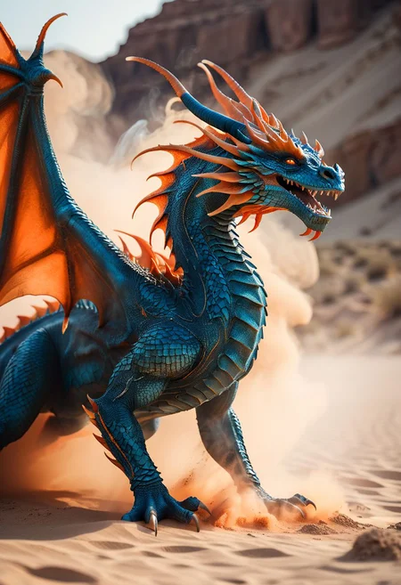 glamour portrait photo, macro, a captivating vibrant mythical dragon taking off, desert sand/dust getting pushed around by his wings, surrounded by smoke, ethereal, smoky backdrop. throwing a translucent orange/tanslucent blue/orange, 100mm f/2.8 macro lens, atmospheric haze, Film grain, cinematic film still, shallow depth of field, highly detailed, high budget, cinemascope, moody, epic, OverallDetail, gorgeous, 2000s vintage RAW photo, photorealistic, candid camera, color graded cinematic, eye catchlights, atmospheric lighting, imperfections, natural, shallow dof