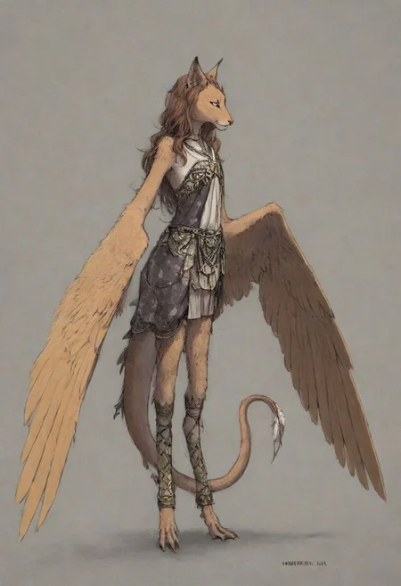 [creature name: Palagiri]
1 person, harpy, ((no arms, wings only)):1.6, androgynous, flat chest, no breasts, anthro, ((long hair)), ((long toes, nimble toes, handfeet)):1.4,, dynamic pose, detailed face, fully clothed, pelvic curtain skirt, feline features, feline nose, feline ears, ((thick tail, tapering tail, feather tipped tail)), harpy:1.2, large wings, digitigrade legs, rating: safe