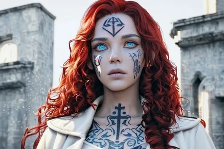 bright red hair, human female, (feminine:1.7), (beautiful face, detailed face:1.6), (beautiful eyes, detailed eyes:1.7), (looking at viewer, eye contact, intense:1.6), (long hair, red hair, curly hair:1.3), , ((masterpiece, best quality, high resolution, realistic, best quality,)), photo realistic, Perfect Face, (detailed face). <lora:GoodHands-vanilla:0.6> <lora:add-detail-xl:0.8>, mage, (Dress White military uniform coat), dagger, rune dagger, glowing runes, , (((glowing magic symbols tattoos, religious tattoos))), ((face tattoos)), glowing tattoos, stone tower in the background