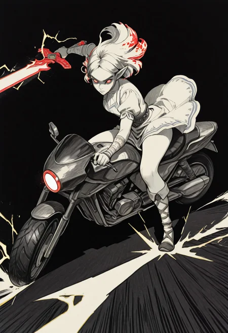 Monochrome with color spots, Evil Face Closeup, masterpiece, best quality, good quality, very awa, newest, highres, absurdres, solo, breath of the wild style, simple background, White round eyes, Female Link from Zelda, Action Scene, akira_slide, ground vehicle, motorcycle, on motorcycle, road, city, electricity, speed lines,, swinging sss sword, sword slash, blue/White Dress, traditional media, blue and black background, no-gravity, billowing Hair, Neon vintage \(theme\), limited palette, sketch, glowing, psychedelic, JeddtlIL, spot color, hatching (texture),