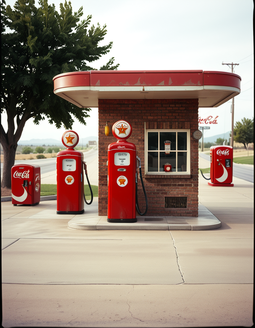 A realistic vintage photograph of a 1950s American gas station with no people present. The small brick building has a flat roof with a wide canopy extending over two classic red gas pumps from the 1950s, featuring chrome details, round meters, spiral hoses, and retro branding like "Texaco" or "Shell".The ground is old concrete with cracks and oil stains. Beside the station, there's a vintage Coca-Cola vending machine and a hand-painted wall sign that reads âDrive Safely!â. The sky is lightly overcast, casting soft shadows and a nostalgic mood. In the background, leafy trees, distant low hills, and an empty country road stretch into the distance. The photo has a slightly faded, desaturated color palette with warm vintage tones and a subtle grain, mimicking the look of 1950s Kodak film photography. The overall atmosphere is calm, quiet, and deeply nostalgic.
<lora:SDXLFaeTastic2400:0.4> <lora:extremely_detailed:0.4> extremely detailed, <lora:1950s_American_gas_st4t10n:1>,1950s American gas st4t10n, Masterpiece,best quality,hi res,8k,hi res,8k,award winning,(sharp focus, intricate, highly detailed),