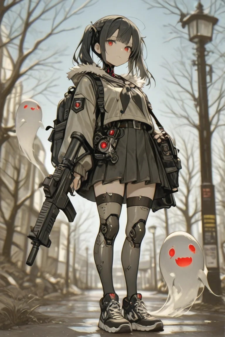 <lora:Limbo_Lounge_IL:1>
1girl, assault rifle, bag, bangs, bare tree, black footwear, black hair, blue eyes, blue sky, blurry, braid, closed mouth, fur trim, ghost, lamppost, long sleeves, looking at viewer, mechanical parts, muted color, pleated skirt, red eyes, ribbon, school uniform, skirt, sky, skyscraper, sneakers, solo, solo focus, teeth, thighhighs, twintails
<lora:LCMV2-PONYplus-PAseer:1>