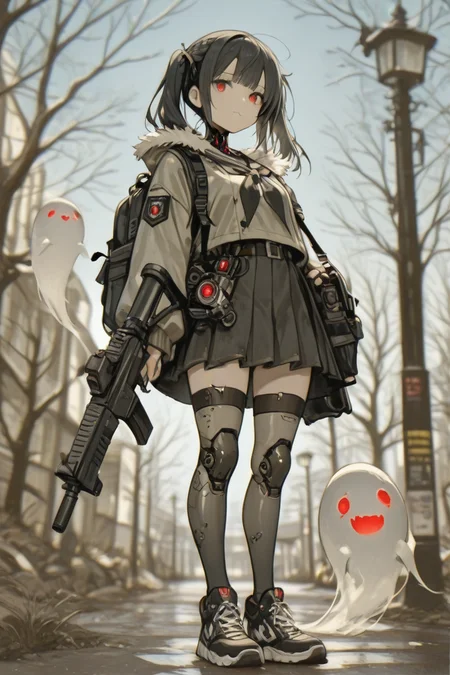<lora:Limbo_Lounge_IL:1>
1girl, assault rifle, bag, bangs, bare tree, black footwear, black hair, blue eyes, blue sky, blurry, braid, closed mouth, fur trim, ghost, lamppost, long sleeves, looking at viewer, mechanical parts, muted color, pleated skirt, red eyes, ribbon, school uniform, skirt, sky, skyscraper, sneakers, solo, solo focus, teeth, thighhighs, twintails
<lora:LCMV2-PONYplus-PAseer:1>