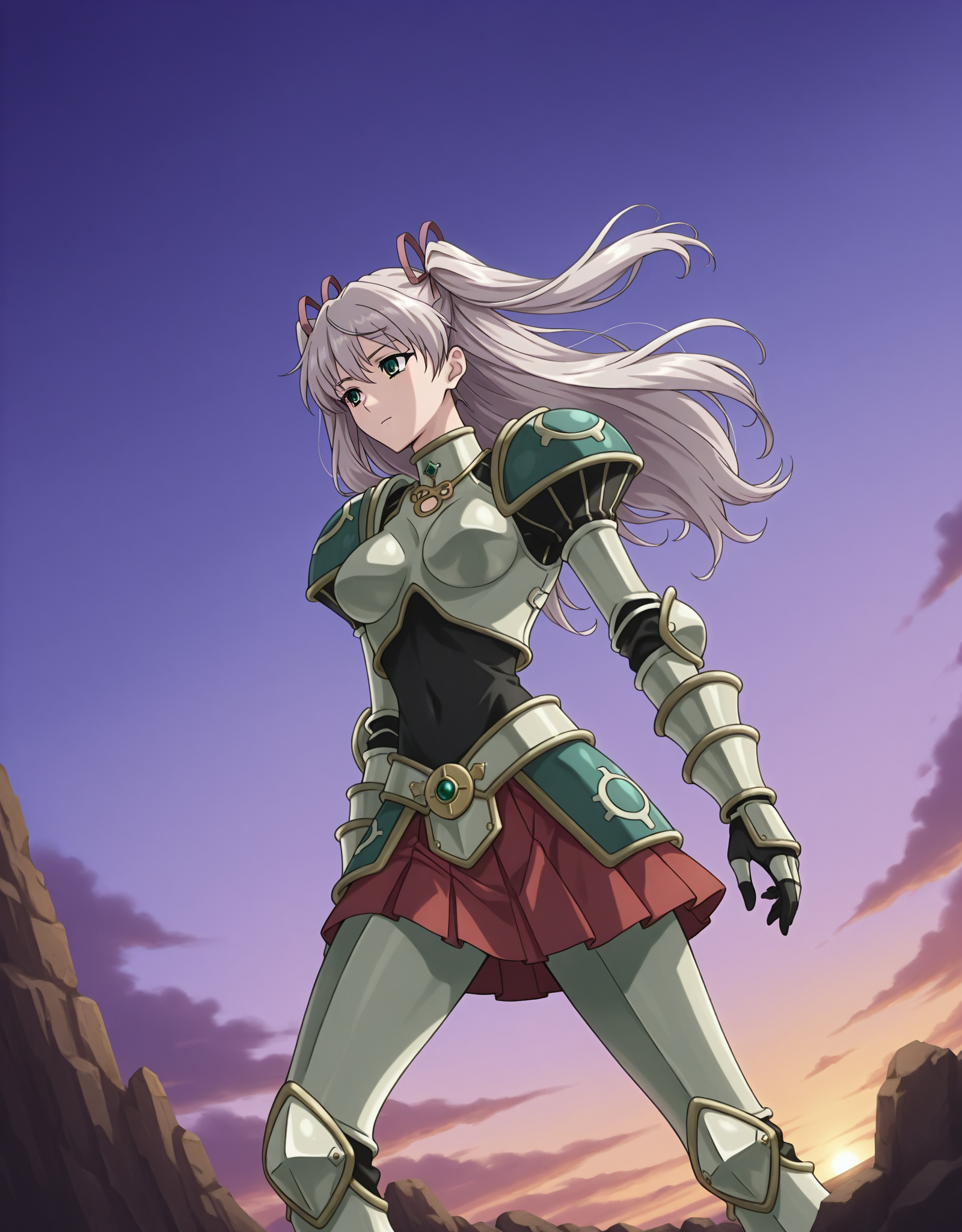 masterpiece,best quality,very aesthetic,zPDXL,2023,anime style,huge filesize,wallpaper,
BREAK <lora:suvia_v5-000018:0.9>,suviav5,1girl,solo,long hair,ribbon,hair ribbon,green eyes,two side up,breasts,twintails,medium breasts,grey hair,17-year-old girl,(a domineering girl:1.3),skinny,standing,(armor:1.1),(shoulder armor:1.1),pauldrons,belt,(breastplate:1.1),gauntlets,shoulder pads,red skirt,pleated skirt,leg armor,waist armor,dynamic_angle,dynamic_pose,close-up,macro_shot,in summer,