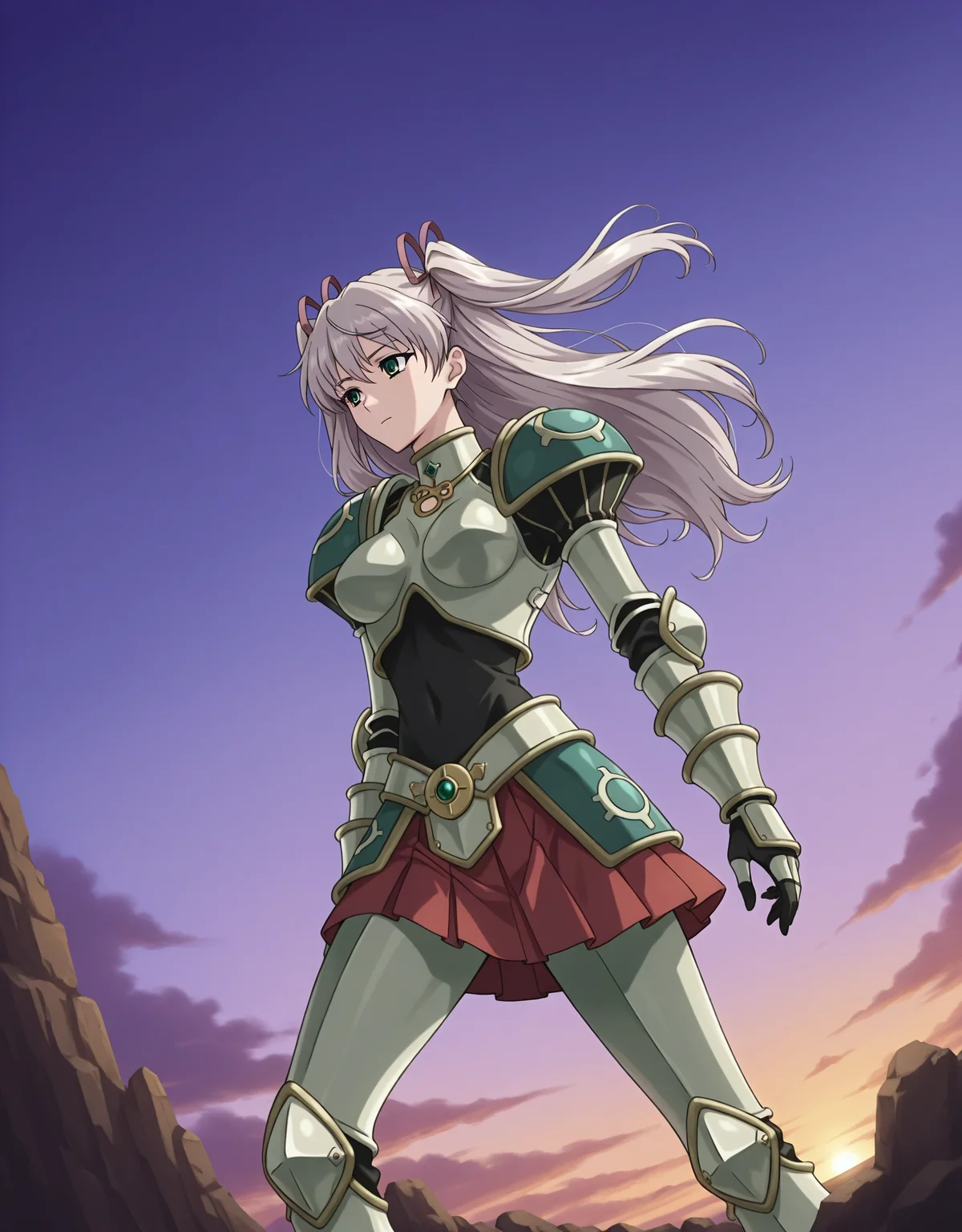 masterpiece,best quality,very aesthetic,zPDXL,2023,anime style,huge filesize,wallpaper,
BREAK <lora:suvia_v5-000018:0.9>,suviav5,1girl,solo,long hair,ribbon,hair ribbon,green eyes,two side up,breasts,twintails,medium breasts,grey hair,17-year-old girl,(a domineering girl:1.3),skinny,standing,(armor:1.1),(shoulder armor:1.1),pauldrons,belt,(breastplate:1.1),gauntlets,shoulder pads,red skirt,pleated skirt,leg armor,waist armor,dynamic_angle,dynamic_pose,close-up,macro_shot,in summer,