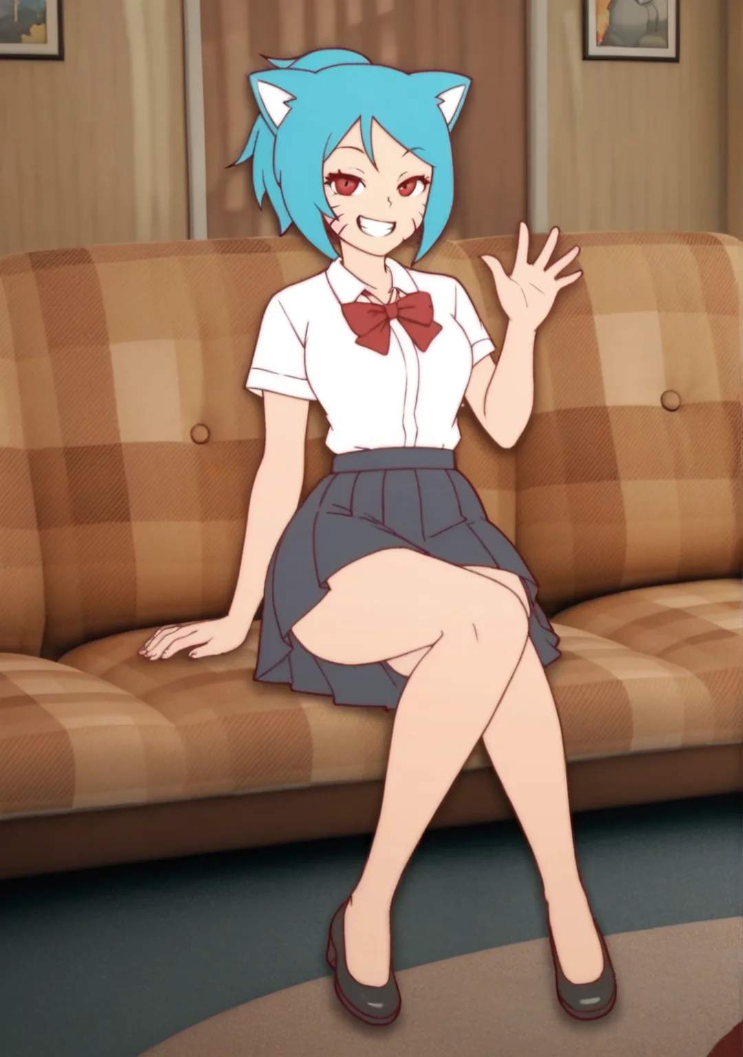 score_8_up, score_7_up, score_6_up, score_5_up, score_4_up, anime screenshot
<lora:Nicole Waterson (Autism SDXL)-000009:0.8> 1girl, manyakis, nicole watterson, animal ears, ponytail, blue hair, red eyes, facial mark, collared shirt, skirt
Full body, looking at viewer, sitting, on couch,  grin, waving,