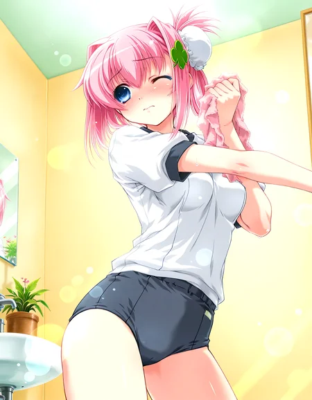 (1girl, solo:1.3), (2girls, 3girls, 4girls, multiple girls, 2boys, 3boys, 4boys, multiple boys:-1.5) <lora:Ainame_Chisato_Hachukano_Illustrious:0.9>, Ainame Chisato, medium breasts, blue eyes, pink hair, short hair, bangs, hair intakes, hair between eyes, sidelocks, bun cover, single hair bun, hair bun, four-leaf clover hair ornament, clover hair ornament, hair ornament, gym shirt, black buruma, embarrassed, one eye closed, general, contrapposto, dynamic pose, outstretched arms, upper body, from side, from below, , indoors, bathroom, towel, holding towel, bathroom sink, (mirror, reflection:1.1), plant, potted plant, (window:-1.5), <lora:NOOB_EPSv1_1_detailer_by_vlnvk_v1_0:1.5>, (photo background:0.7), day, (tachibana yuu:0.6), inue shinsuke, (kazuma muramasa:0.0), saikawa yusa, (aoi manabu:0.6), abarerumidori, (suzui narumi:0.6), masterpiece, newest, absurdres, 8K, anime screenshot, anime coloring, flat color, official art, film grain, <lora:illustriousXLv01_stabilizer_v1.185c:0.7>, <lora:LECO_Solo:-4.0>,