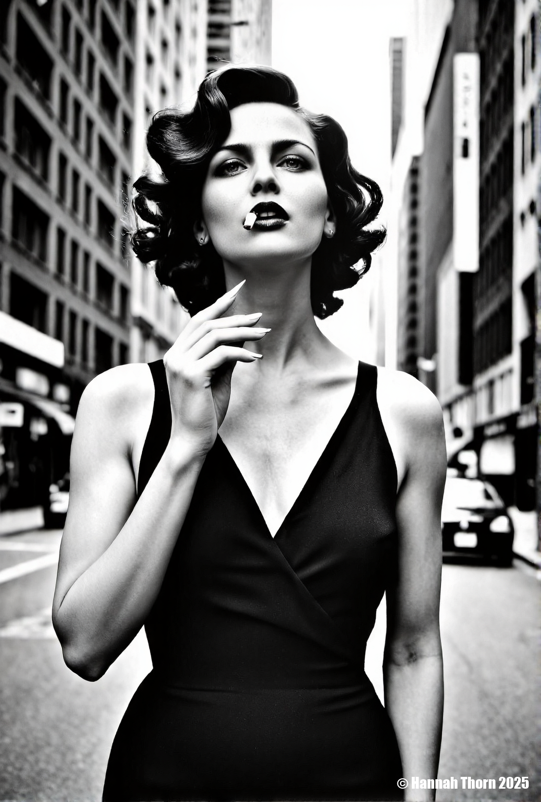 A realistic black and white portrait of a beautiful woman with dark, curly hair, standing in a bustling city street with tall buildings on either side, looking up and slightly to the right, holding a cigarette in her hand, wearing a dark v-neck dress, captured with a shallow depth of field, creating a dreamy and nostalgic atmosphere, reminiscent of classic fashion photography, the lighting is soft and diffused, emphasizing the woman's features and creating a sense of timeless elegance, shot with a medium format camera and a fast lens, such as an 85mm at f/2.8, to achieve a smooth bokeh effect in the background, the buildings are slightly blurred, adding to the overall sense of depth and focus on the subject, the composition is carefully balanced, with the woman positioned slightly off-center to create visual interest, the overall tone is sophisticated and glamorous, evoking a sense of old Hollywood charm, a sense of nostalgia and timeless beauty., <lora:_Flux\_Photographer\Helmut_Newton-000001.safetensors:0.8300000000000002:0.8300000000000002> <lora:_Flux\_Skin_Appearance\detailifier_flux-000006.safetensors:0.8300000000000002:0.8300000000000002> <lora:_Flux\_Skin_Appearance\Old_Beauty.safetensors:0.7500000000000001:0.7500000000000001>, A striking black and white portrait of a woman, reminiscent of classic Hollywood glamour, with a film strip draped across her face, creating a surreal and artistic effect. The image is captured with a shallow depth of field, emphasizing the sharpness of her features and the film strip, while gently blurring the background. The lighting is soft and diffused, highlighting the contours of her face and adding a timeless quality to the photograph. The overall style evokes the elegance of vintage photography, with a modern twist that challenges conventional portraiture. Shot with a Hasselblad camera and an 80mm lens, f/2.8, ISO 100., <lora:_Flux\_Photographer\Helmut_Newton-000001.safetensors:0.8300000000000002:0.8300000000000002> <lora:_Flux\_Skin_Appearance\detailifier_flux-000006.safetensors:0.8300000000000002:0.8300000000000002> <lora:_Flux\_Skin_Appearance\Old_Beauty.safetensors:0.7500000000000001:0.7500000000000001><lora:_Flux\_Photographer\Helmut_Newton-000001.safetensors:0.8300000000000002:0.8300000000000002> <lora:_Flux\_Skin_Appearance\detailifier_flux-000006.safetensors:0.8300000000000002:0.8300000000000002> <lora:_Flux\_Skin_Appearance\Old_Beauty.safetensors:0.7500000000000001:0.7500000000000001>