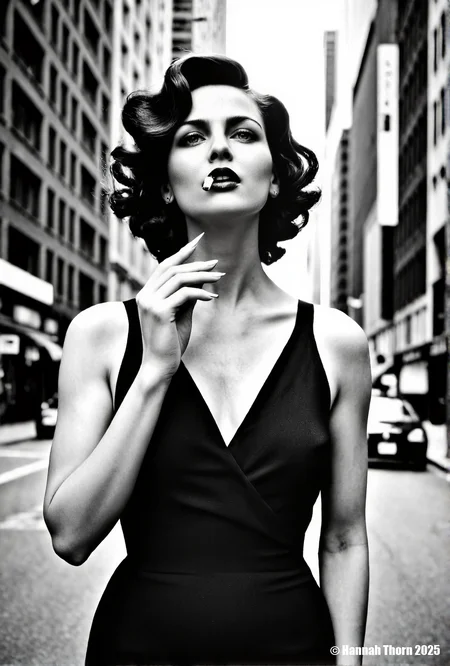 A realistic black and white portrait of a beautiful woman with dark, curly hair, standing in a bustling city street with tall buildings on either side, looking up and slightly to the right, holding a cigarette in her hand, wearing a dark v-neck dress, captured with a shallow depth of field, creating a dreamy and nostalgic atmosphere, reminiscent of classic fashion photography, the lighting is soft and diffused, emphasizing the woman's features and creating a sense of timeless elegance, shot with a medium format camera and a fast lens, such as an 85mm at f/2.8, to achieve a smooth bokeh effect in the background, the buildings are slightly blurred, adding to the overall sense of depth and focus on the subject, the composition is carefully balanced, with the woman positioned slightly off-center to create visual interest, the overall tone is sophisticated and glamorous, evoking a sense of old Hollywood charm, a sense of nostalgia and timeless beauty., <lora:_Flux\_Photographer\Helmut_Newton-000001.safetensors:0.8300000000000002:0.8300000000000002> <lora:_Flux\_Skin_Appearance\detailifier_flux-000006.safetensors:0.8300000000000002:0.8300000000000002> <lora:_Flux\_Skin_Appearance\Old_Beauty.safetensors:0.7500000000000001:0.7500000000000001>, A striking black and white portrait of a woman, reminiscent of classic Hollywood glamour, with a film strip draped across her face, creating a surreal and artistic effect. The image is captured with a shallow depth of field, emphasizing the sharpness of her features and the film strip, while gently blurring the background. The lighting is soft and diffused, highlighting the contours of her face and adding a timeless quality to the photograph. The overall style evokes the elegance of vintage photography, with a modern twist that challenges conventional portraiture. Shot with a Hasselblad camera and an 80mm lens, f/2.8, ISO 100., <lora:_Flux\_Photographer\Helmut_Newton-000001.safetensors:0.8300000000000002:0.8300000000000002> <lora:_Flux\_Skin_Appearance\detailifier_flux-000006.safetensors:0.8300000000000002:0.8300000000000002> <lora:_Flux\_Skin_Appearance\Old_Beauty.safetensors:0.7500000000000001:0.7500000000000001><lora:_Flux\_Photographer\Helmut_Newton-000001.safetensors:0.8300000000000002:0.8300000000000002> <lora:_Flux\_Skin_Appearance\detailifier_flux-000006.safetensors:0.8300000000000002:0.8300000000000002> <lora:_Flux\_Skin_Appearance\Old_Beauty.safetensors:0.7500000000000001:0.7500000000000001>