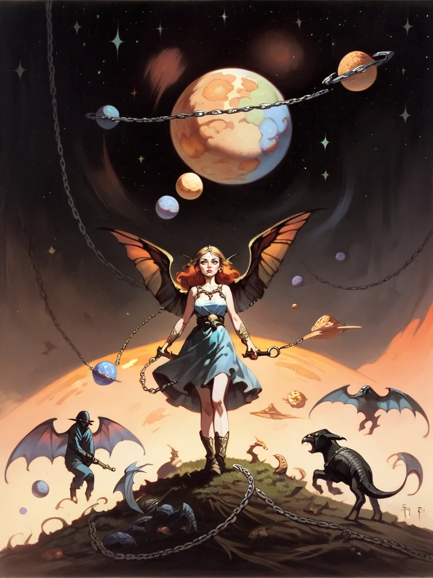 score_9, score_8_up, score_7_up, score_6_up, score_5_up, <lora:fr4z3XLP:1> fr4z3, chain, wings, nature, holding weapon, yellow eyes, planet, dress, 1girl