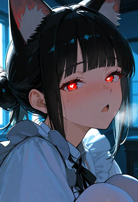 score_9, score_8_up, score_7_up, score_6_up, source_anime, incredible quality, detailed facial expressions, illustration,beautiful detailed,colourful,finely detailed, intricate details,extremely_beautiful_detailed_anime_face, studio lighting, backlighting,1girl, black hair,single hair bun, blunt bangs, mole , red eyes,depth of field,classic maid outfit, white pantyhose, cat ears, embarrassed,light blush,view from the side,〣( ºΔº )〣,Triangle mouth ,open mouth,round eyes,looking at viewer,close up,upper body,confusion, shock,surprise,cinematic lighting,beautiful hair, beautiful skin, breath, eyes smiled, heart in pupils, half-closed eyes, glowing eyes, black hair, permed medium hair,