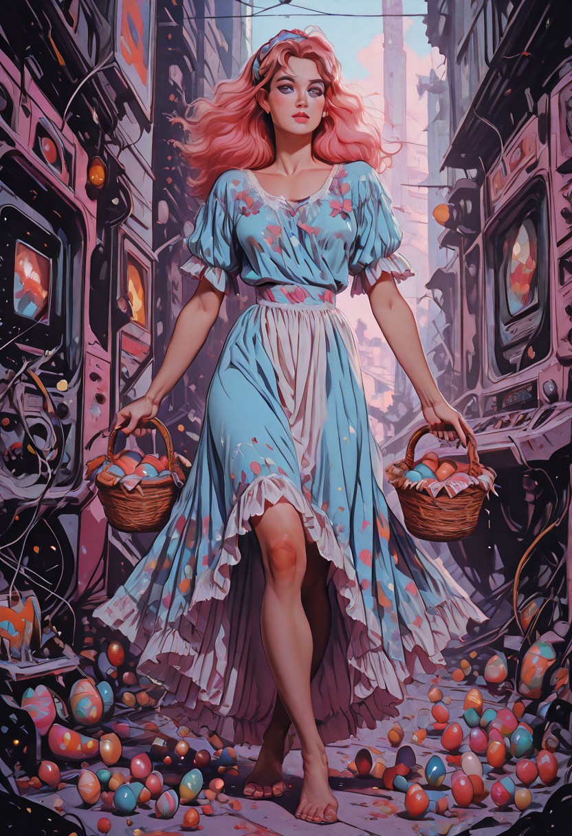 masterpiece, Shinkaistyle,
pinkretroanime, retro art,
Cyberpunk Style, cyberpunk, science fiction, hi tech, future tech, neon, (Cybernetics:1.25), (Neon Cityscape:1), (lineless:1.5), smooth edges, (lighten the face:1.5), tall body, slender body, fit body, long legs, 1girl, (20 years old:1.9), In the image, a young anime-style woman stands in a whimsical Easter setting, surrounded by a bounty of colorful Easter eggs. She is dressed in a pastel blue dress adorned with white lace and a matching blue headband, adding to her springtime charm. The dress has short sleeves and features a delicate floral pattern. A white apron with red stitching adds a touch of homeliness to the outfit. The woman is holding a wicker basket overflowing with Easter eggs, each one painted in vibrant shades of yellow, pink, blue, and green.