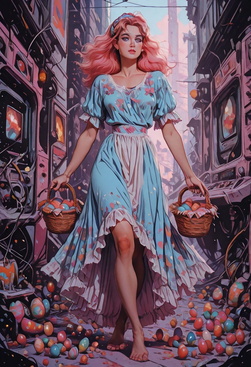 masterpiece, Shinkaistyle,
pinkretroanime, retro art,
Cyberpunk Style, cyberpunk, science fiction, hi tech, future tech, neon, (Cybernetics:1.25), (Neon Cityscape:1), (lineless:1.5), smooth edges, (lighten the face:1.5), tall body, slender body, fit body, long legs, 1girl, (20 years old:1.9), In the image, a young anime-style woman stands in a whimsical Easter setting, surrounded by a bounty of colorful Easter eggs. She is dressed in a pastel blue dress adorned with white lace and a matching blue headband, adding to her springtime charm. The dress has short sleeves and features a delicate floral pattern. A white apron with red stitching adds a touch of homeliness to the outfit. The woman is holding a wicker basket overflowing with Easter eggs, each one painted in vibrant shades of yellow, pink, blue, and green.