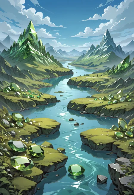 score_9, score_8_up, score_7_up, score_6_up, landscape, mountains made of hud_per1d0t_wrld, green gemstone, crystal, gem, shiny, river, valley, blue sky, clouds,