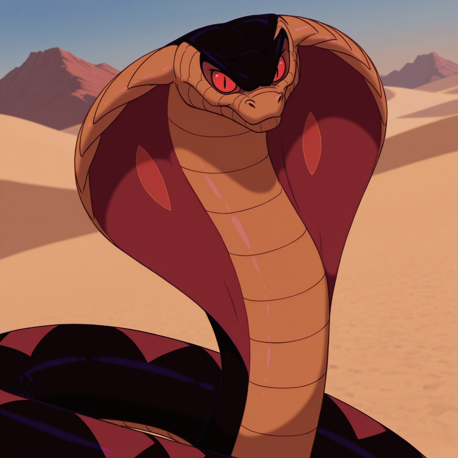 8k, uncensored, masterpiece, best quality, highly detailed, realistic, 1boy, solo, furry, feral, scalie, snake, cobra, reptile,  snake hood, red sclera, black eyes, slit pupils, dark-orange body, dark-orange scales, black body, black scales, two tone body, two tone scales, smile, closed mouth, looking at viewer, desert, sand, sunny, front view, detailed background, long body, sun