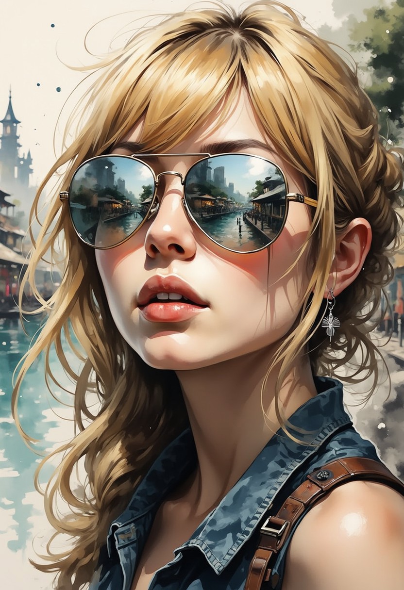 A dinkfsn style ink wash painting,  closeup portrait of stunning japanese woman, long loose blonde hair, bangs, mirrored aviator sunglasses reflecting a seaside town