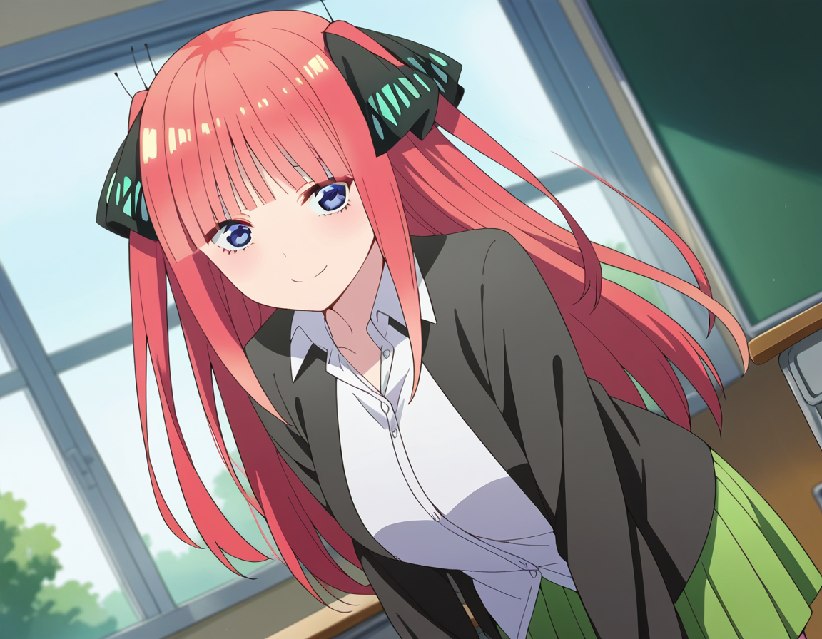 score_9, score_8_up, score_7_up, source_anime,
ninonakano, <lora:nino-nakano-s2-ponyxl-lora-nochekaiser:1>, 
nino nakano, long hair, bangs, blue eyes, hair ornament, hair ribbon, pink hair, blunt bangs, two side up, butterfly hair ornament, mature female,
skirt, shirt, long sleeves, white shirt, pleated skirt, open clothes, collared shirt, sleeves past wrists, dress shirt, cardigan, green skirt, open cardigan, black cardigan,
indoors, classroom, bent over, smile,
looking at viewer, cowboy shot, dutch angle, solo,