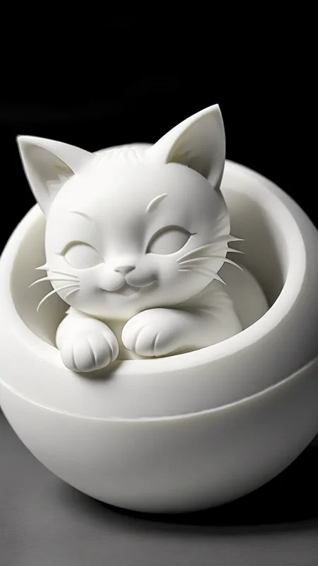 <lora:3DPrintingXL:1>,whitemold,3d printed mold,art style,greyscale,monochrome, Playful kitten curled up in a cozy ball, with oversized ears and a happy face, ideal for a child's toy collection.