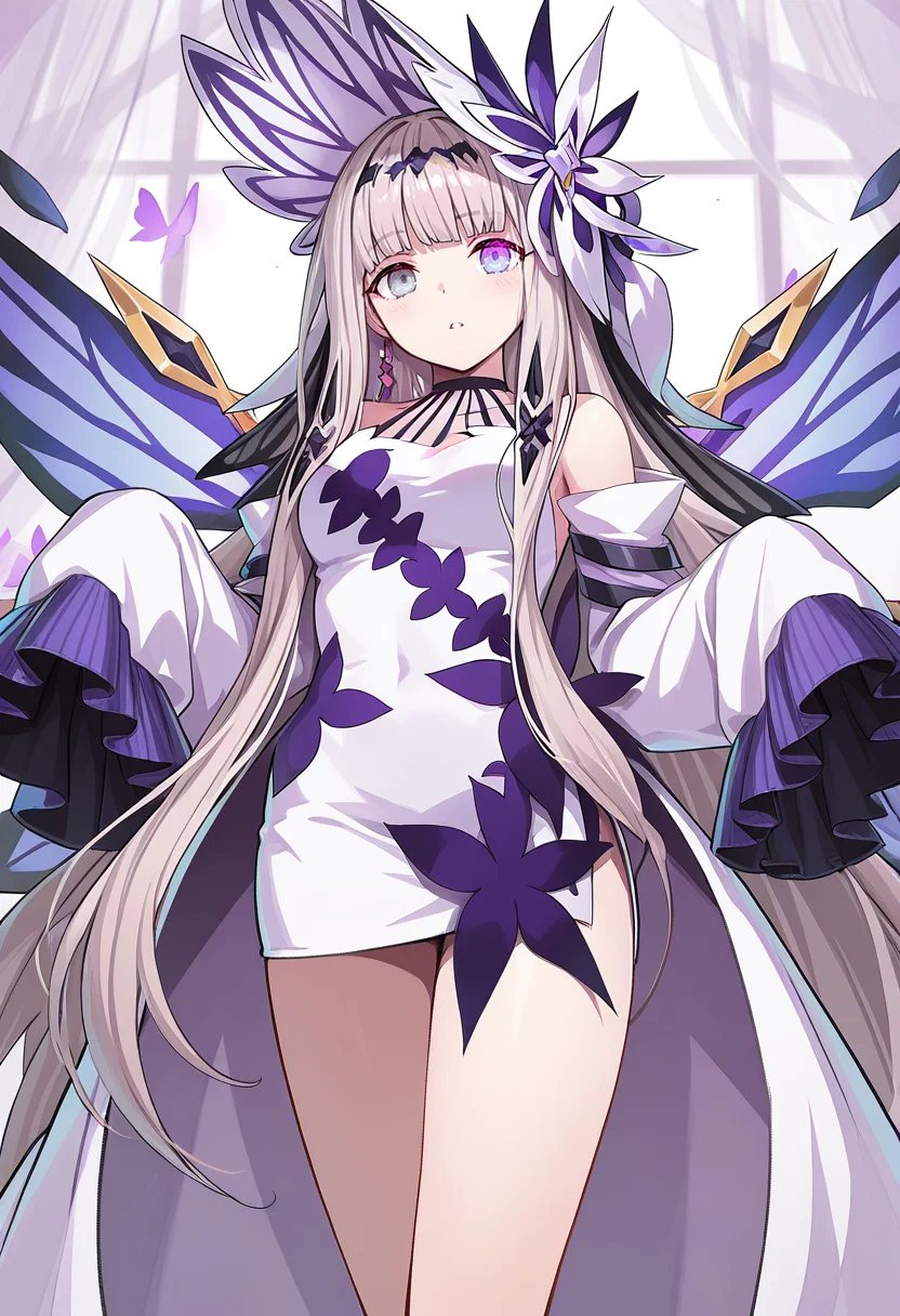 1girl, sole, masterpiece, best quality, high quality, vice(grand chase), heterochromia, purple eyes, grey eyes, light brown hair, very long hair, white dress, sleeves past wrists, detached sleeves, white hat, butterfly wings, looking at viewer, cowboy shot, indoor