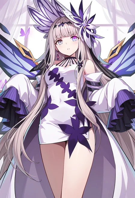 1girl, sole, masterpiece, best quality, high quality, vice(grand chase), heterochromia, purple eyes, grey eyes, light brown hair, very long hair, white dress, sleeves past wrists, detached sleeves, white hat, butterfly wings, looking at viewer, cowboy shot, indoor 