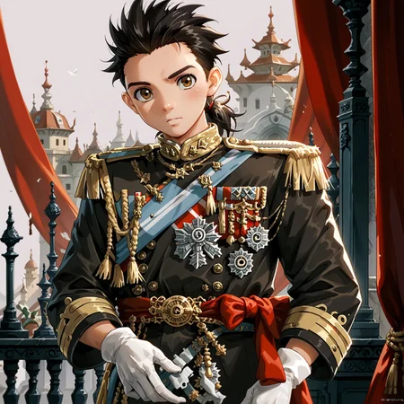 safe_pos, safe_pos, Score_9,score_8_up,score_7_up, Highly detailed, masterpiece, high quality, beautiful, high resolution, good details, 1boy, 1boy, sexy (cute petite boy), source_anime, skinny, aged down, petite, Boy, detailed background, gloves, solo

van freiheit, black hair, spike hair, brown eyes, ponytail

, aiguillette, military, uniform, male focus, looking at viewer, white gloves, epaulettes