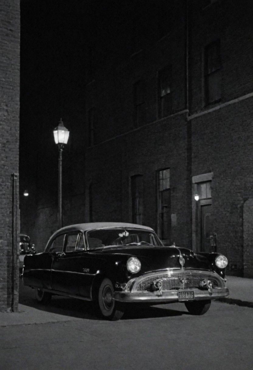 1950s Chicago, street, night exterior, a car parked in front of an alley, captured on a 35mm camera, black and white, classic film.
Car interior, night.