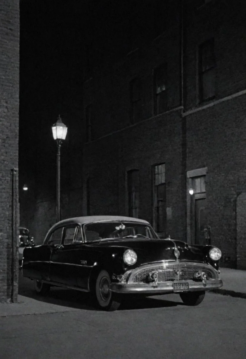 1950s Chicago, street, night exterior, a car parked in front of an alley, captured on a 35mm camera, black and white, classic film.
Car interior, night.