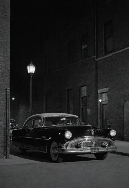 1950s Chicago, street, night exterior, a car parked in front of an alley, captured on a 35mm camera, black and white, classic film.
Car interior, night.