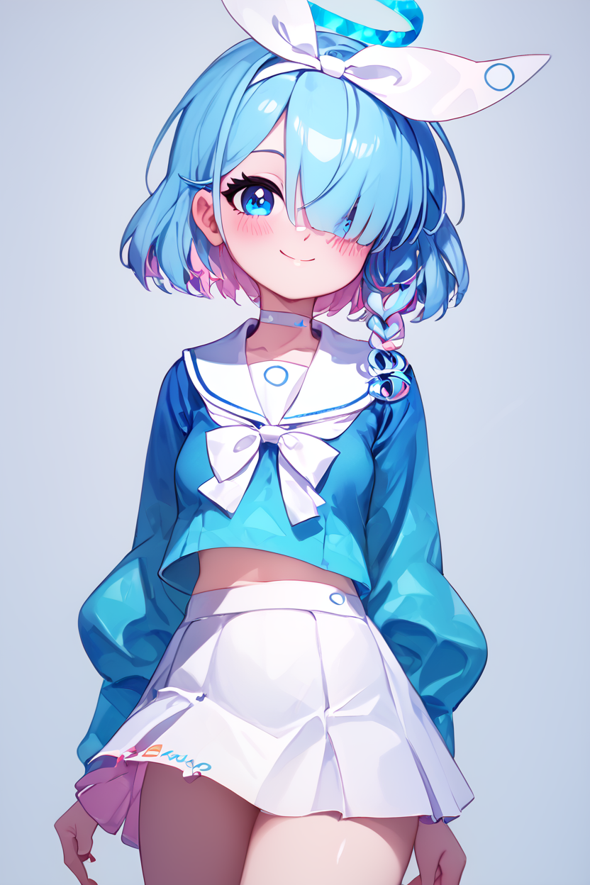 score_9, score_8_up, score_8, medium breasts, (curvy), cute, eyelashes,       BREAK, , ,,, zzArona, blue eyes, blue hair, hair over one eye, bangs, halo, mechanical halo, long sleeves, ribbon, school uniform, serafuku, skirt, white skirt, <lora:Arona_BlueArchive_PDXL:1.0>,   ,,,, BREAK, closed mouth, smile, looking at viewer, zzLFashion, cowboy shot, ,,, embedding:zPDXL, Expressiveh, ,,, <lora:Vivid:0.7>, <lora:LFashionPDXL:1>, <lora:Uncensored_PonyXL_cpt_v02.09:0.4>, <lora:Expressive_H-000001:0.4>,