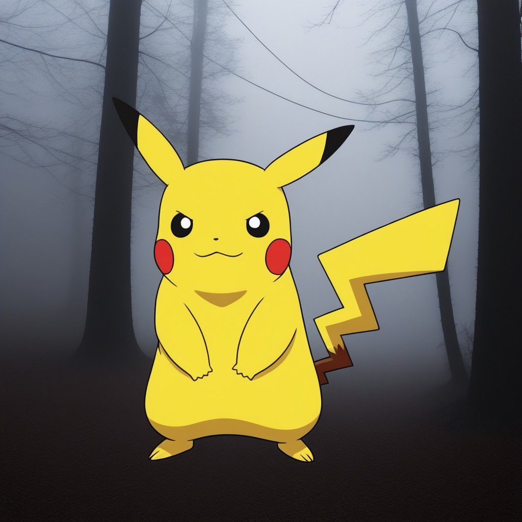 masterpiece, best quality, (CR33P1NGF0G, fog), (no humans), 1 pokemon, (Pikachu), pikachu from pokemon, pokemon_(creature), (electricity), (tail), face hidden, partially obscured, red eyes, glowing eyes, (foggy), (haze), eerie, creepy, ominous, fog, dark, night, haze, no_humans, scenery, forest, detailed background,