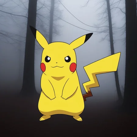 masterpiece, best quality, (CR33P1NGF0G, fog), (no humans), 1 pokemon, (Pikachu), pikachu from pokemon, pokemon_(creature), (electricity), (tail), face hidden, partially obscured, red eyes, glowing eyes, (foggy), (haze), eerie, creepy, ominous, fog, dark, night, haze, no_humans, scenery, forest, detailed background,