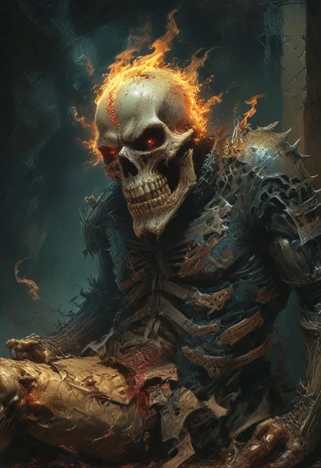 Full body warrior ghost rider after battle bruised, sleepy , sleepy face, open mouth, Stand and brush teeth in front of the mirror., blood every where, dead body on ground, side view, look at his hand, light night, intricate, elegant, sharp focus, illustration, highly detailed, digital painting, concept art, matte, art by wlop and artgerm and ivan shishkin and andrey shishkin, masterpiece, <lora:add-detail-xl:1>, <lora:xl_more_art-full_v1:0.75>