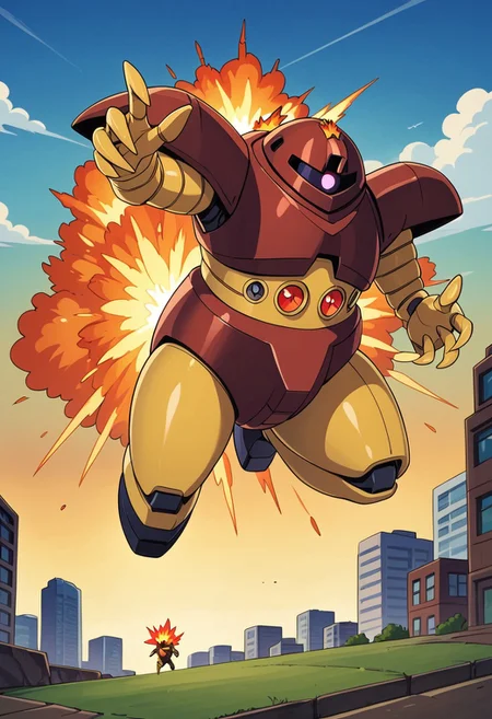score_9, score_8_up, score_7_up, source_anime, cowboy shot, front view, BREAK, ( gogg, pink monoeye, looking to the side, jumping, one claw raised, explosion on head, ) 1mech, mech focus, solo, BREAK, cityscape,