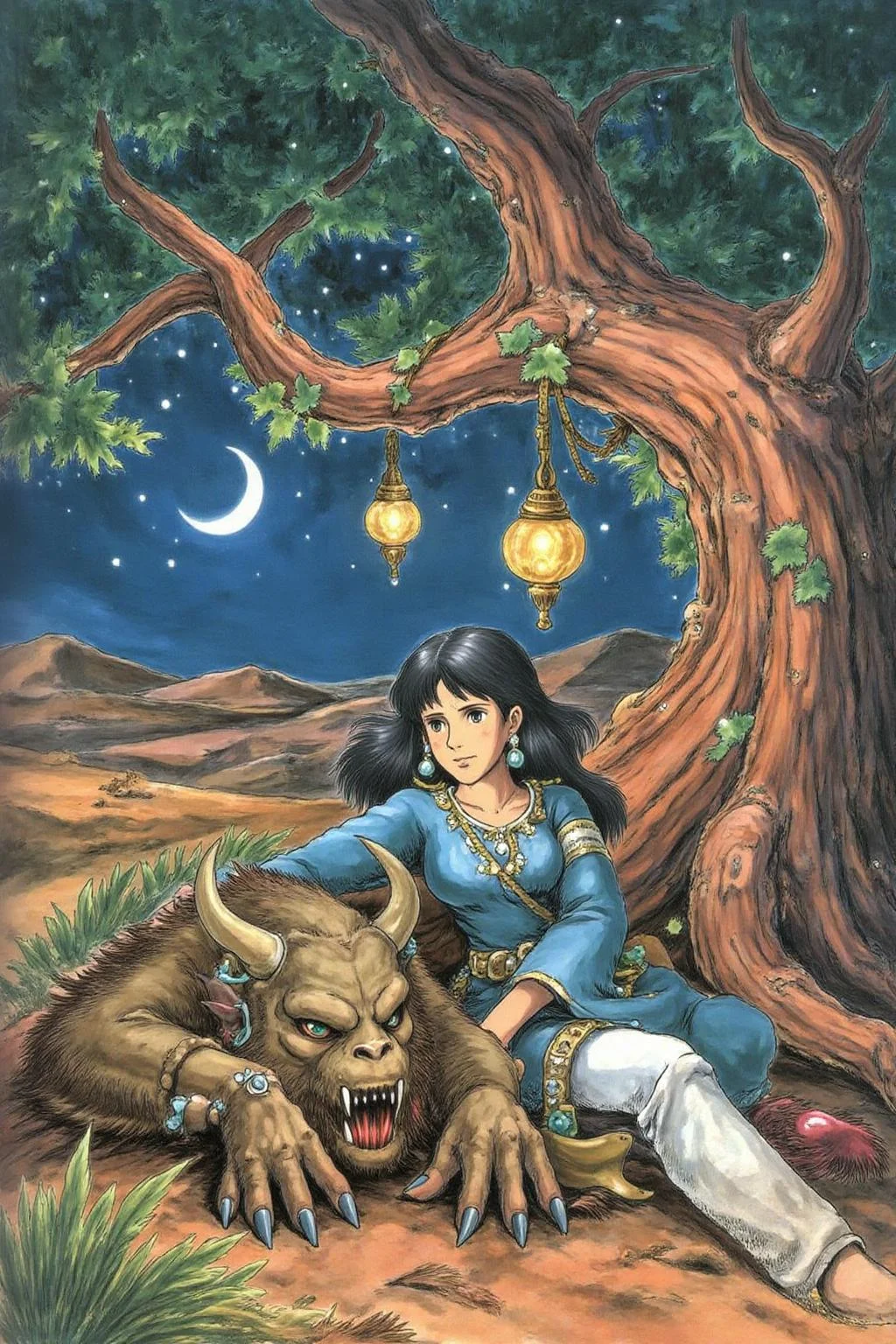 miyaha1 manga illustration
a scene from Arabian Nights, rendered in intricate, colorful detail. A beautiful woman and a sleeping demon. The woman sits gracefully under a sprawling tree with lush, curving branches and hanging vines. She has striking, almond-shaped eyes, dark flowing hair, and wears elegant traditional attire with ornate jewelry that glimmers softly under the moonlight. Her expression is calm and serene as she gazes thoughtfully into the distance. Resting his head gently on her lap is a large demon with a powerful, otherworldly presence. The demon, though fearsome in size, appears vulnerable as he lies beside her. His skin has a muted, earthy tone, and his features--sharp and beastly--are softened by a look of weary contentment. His claws are retracted, and he exudes a mixture of strength and peace in her presence. The tree's twisted branches arc above them, framing the scene like a natural canopy. Golden lamps hang from the tree, casting warm, soft light, illuminating the two figures in a magical glow. The background is a deep, starry night, with hints of distant desert dunes and a crescent moon overhead, creating an enchanting and mystical ambiance that draws the viewer into this world of fantasy and myth.
<lora:miyaha1_cap_d6a3e12:1.0><lora:818068648855032454:0>